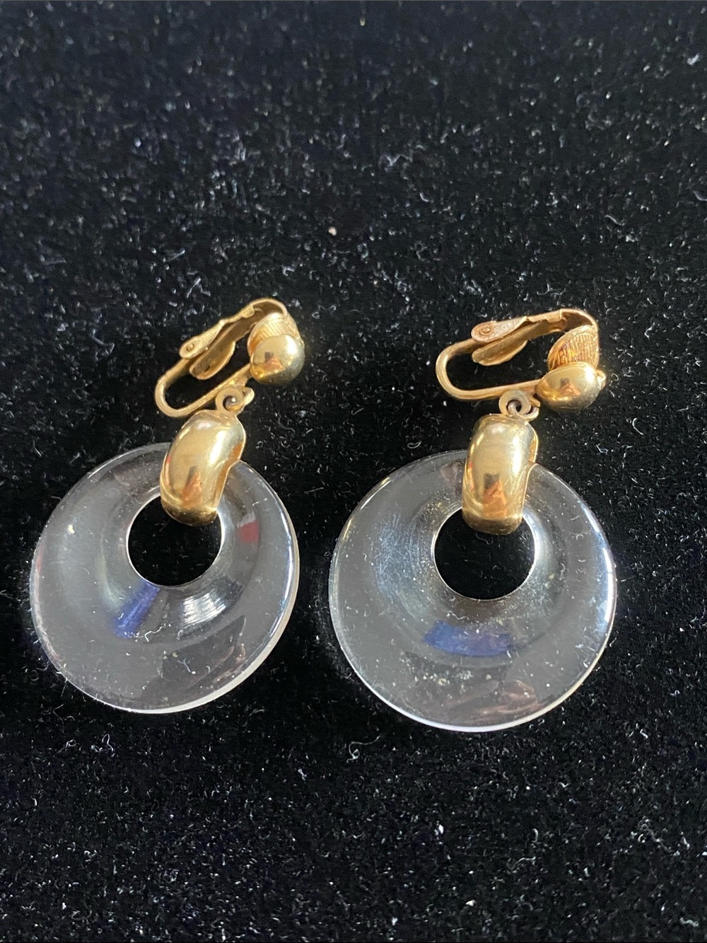Gold and Clear Disc Clip-On Earrings - Lucite or Resin Vintage